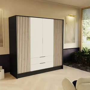 DREHTÜRENSCHRANK Nero 200/51/200 cm mit Lamellen schwarz+weiß Neu