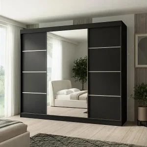 Geprüft SCHWEBETÜRENSCHRANK Paco 250/215/61 3-türig schwarz mit Spiegel