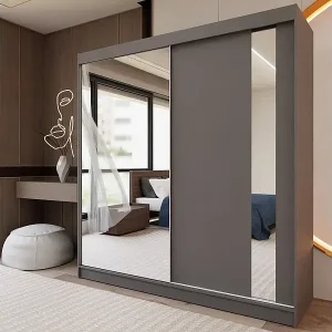 Expressversand SCHWEBETÜRENSCHRANK Gaja 200/216/61 graphit mit Spiegel und Schubladeneinsätze