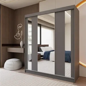 SCHWEBETÜRENSCHRANK Gaja 180/216/61 graphit mit Spiegel Schubladeneinsatz Preisknaller