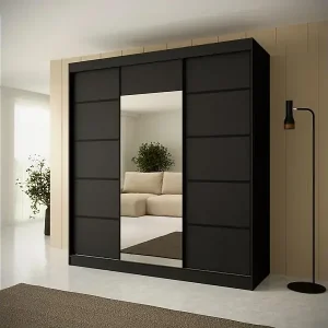 SCHWEBETÜRENSCHRANK Monica 200/215/61 3-türig schwarz mit Spiegel Neuheit