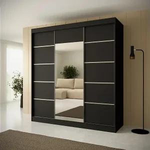 Bestpreis SCHWEBETÜRENSCHRANK Monica 200/215/61 3-türig schwarz+silber mit Spiegel