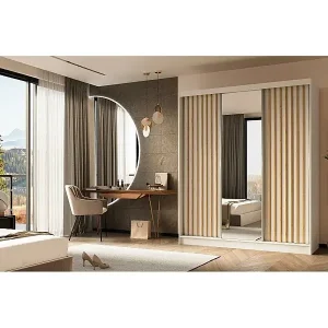 Preiswert SCHWEBETÜRENSCHRANK Helix 180/216/61 weiß+eiche artisan mit Schubladeneinsatz