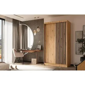 SCHWEBETÜRENSCHRANK Helios 120/216/61 eiche Artisan+schwarz mit Schubladen Preis Gesenkt