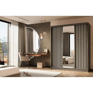 SCHWEBETÜRENSCHRANK Helix 180/216/61 grau+weiß mit Schubladeneinsatz Günstig