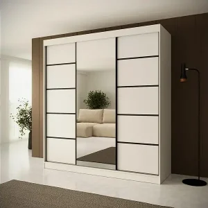 SCHWEBETÜRENSCHRANK Monica 200/215/61 3-türig weiß+schwarz mit Spiegel Highlight