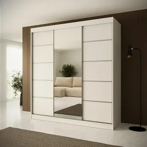 Top-Seller SCHWEBETÜRENSCHRANK Monica 200/215/61 3-türig weiß+silber mit Spiegel