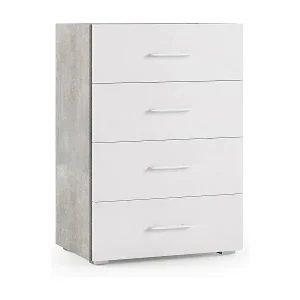 Kommode Primula, Kommode mit 4 Schubladen für das Schlafzimmer, Mehrzweck-Büro- oder Arbeitszimmerschrank, 60 x 41 x 87 cm, Zement und Weiß Schneller Versand
