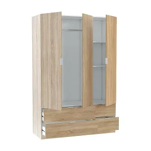 Kleiderschrank Dob, Schlafzimmermöbel mit 3 Türen und 2 Schubladen, Kleiderbügel, 135x52h200 cm, Eiche Kostenloser Versand