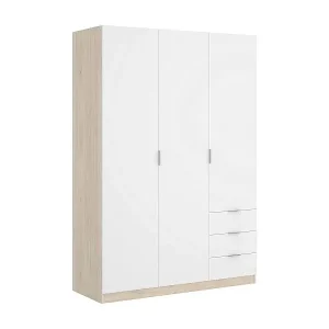 Kleiderschrank Cimone, Garderobe für Schlafzimmer, Kleiderschrank mit 3 Flügeltüren und 3 Schubladen, 121x52h184 cm, Weiß und Eiche Knallerangebot