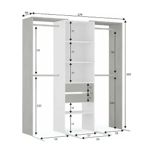 Aktuell Garderobe Dalala, Struktur für begehbaren Kleiderschrank, Offener Kleiderschrank ohne Türen, Begehbarer Kleiderschrank, 179x50h202 cm, Weiß und Zement