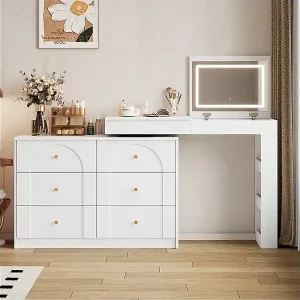 Schminktisch mit 7 Schubladen + Ablageflächen und Klappspiegel - 105 x 40 x 80 cm - LEDs - Spanplatte - Spanplatte - Weiß Sonderangebot