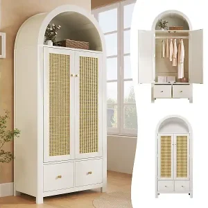 Kleiderschrank aus geflochtenem Rattan – 181 x 78 x 45 cm – Landhausstil mit Eichenoptik – mit Einlegeboden, 2 Türen und 2 Schubladen – Holz – weiß Kostenfreie Lieferung