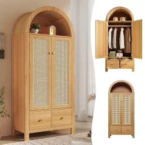 Neuheit Kleiderschrank aus geflochtenem Rattan – 181 x 78 x 45 cm – Landhausstil mit Eichenfinish – mit Einlegeboden, 2 Türen und 2 Schubladen – Holz – natur