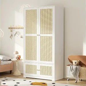Preiswert Rattan-Kleiderschrank – 90 x 48 x 180 cm – mit 2 Türen, Kleiderstange und Einlegeböden – aus MDF mit lackierten Fronten – weiß