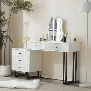 Moderner Schminktisch – 100 x 40 x 76 cm – mit LED-Spiegel + 5 Schubladen – Spanplatte – weiß Zertifiziert
