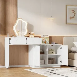 Sale Schminktisch mit LED-Spiegel – 160 x 40 x 132 cm – mit 2 Schubladen + 1 zweitürigem Schrank – MDF + Spanplatte – weiß