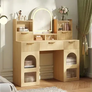 Schnäppchen Moderner Schminktisch – 120 x 40 x 139,5 cm – mit LED-Beleuchtung und Spiegel + 3 Schubladen + 2 Türen + Ablagen – MDF + Spanplatte – Natur