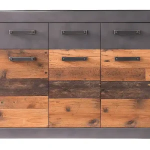 Bestpreis Indy Kommode 3 Türen, 3 Schubladen grau Eiche Dekor, Old Wood Dekor.