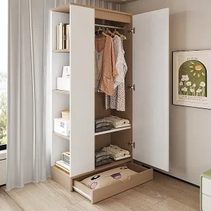 Kleiderschrank mit 1 Tür + Ablageböden + 1 Schublade - 70 x 40 x 170 cm - Holz - Weiß + Natur Günstig