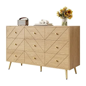 Bestseller Moderne Kommode mit 9 Schubladen und Eisenbeinen – 120 x 39 x 80 cm – stabile Konstruktion – Spanplatte – natur