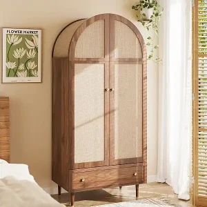 Hochschrank mit Türen und Schublade - 79 x 50 x 175 cm - mit Garderobe + Stauraum - MDF - natur Zertifiziert