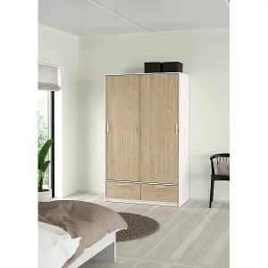 Kleiderschrank 2 Türen Dschoute, Schlafzimmermöbel, Schrank, Garderobe, 121x60 h200 cm, Weiß und Eiche Günstig