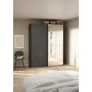 Kleiderschrank 2 Türen Dprovede, Schlafzimmermöbel, Schrank, Garderobe, 179x65 h220 cm, Grau und Transparent Super-Preis