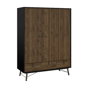Markenware Kleiderschrank 3 Türen Dverdell, Schlafzimmermöbel, Schrank, Garderobe, 150x60 h200 cm, Schwarz und Walnuss