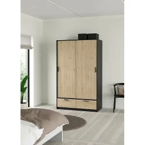 Ausverkauf Kleiderschrank 2 Türen Dschoute, Schlafzimmermöbel, Schrank, Garderobe, 121x60 h200 cm, Schwarz und Eiche