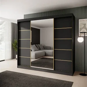 SCHWEBETÜRENSCHRANK Marika Lux, 3-Türig, mit Schubladen, Schwarz+Gold, 240 cm Preis Gesenkt