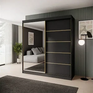 SCHWEBETÜRENSCHRANK Marika Lux, 2-Türig, mit Schubladen, Schwarz+Gold, 200 cm Schnäppchen