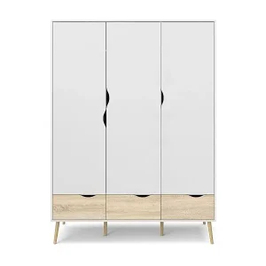 Super-Preis Kleiderschrank mit 3 Türen, 3 Schubladen weiß und Eiche Dekor B147,2 cm – BILLUND