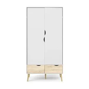 Top-Angebot Kleiderschrank mit 2 Türen, 2 Schubladen weiß und Eiche Dekor B98,7 cm – BILLUND