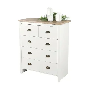 Kommode im kolonialen Stil mit 5 Schubladen – 80x39,5xH97,5 cm, in Weiß mit hellem Eichenholz-Platte – Kollektion MADERA Sale