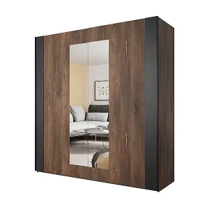 Schrank 200 cm – 2 Schiebetüren mit Spiegeln – Dunkle Eiche und Schwarz – Kollektion FOX Meistverkauft