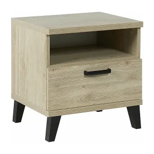 Robuster Nachttisch für Baby- und Kinderzimmer mit Schublade und Fach, Kollektion DANAÉ in hellem Eichenfarbton. Neue Kollektion