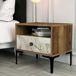 Nachttisch Dpidon, Niedrige Kommode, Tisch, Multifunktionaler Nachttisch, 56x40h51 cm, Nussbaum und Weißer Marmor Top-Angebot