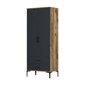 Echt Kleiderschrank 2 Türen Dpan, Schlafzimmermöbel, Schrank, Garderobe, 80x201h48 cm, Walnuss und Anthrazit