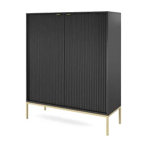 Highboard Hochkommode - Schwarz mit geriffelten Fronten und goldenen Metallbeinen - VELLORE Aktuell