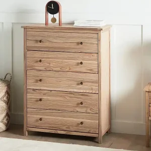 Kommode heller Holzfarbton mit 5 Schubladen 85 cm Massivholz rustikal Salton Wochenendangebot