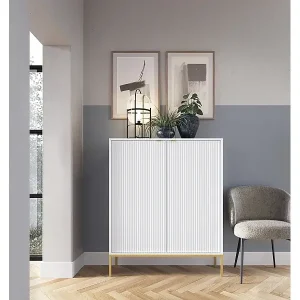 Highboard Hochkommode - Weiß mit geriffelten Fronten und goldenen Metallbeinen - VELLORE Gratis Versand