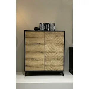 Mega-Angebot Highboard 2-türig - 104 cm - Schwarz mit Fischgrätfronten in Eiche - BOULIA