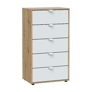 Expressversand Kommode Dzill, Mehrzweckkommode, Schlafzimmerkommode, Schrank mit Schubladen, 60x40 h109 cm, WeiÃŸ und Knoteneiche