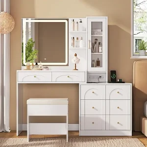 Moderner Schminktisch – 131,5 x 40 x 140 cm – mit LED-Spiegel, Hocker, 8 Schubladen, Ablagen und Glastür – MDF – weiß Neu