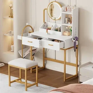 Moderner Schminktisch – 80 x 40 x 138,5 cm – mit Schwenkspiegel, LED-Beleuchtung, Hocker, 2 Schubladen und 2 offenen Regalfächern – MDF – weiß Echt