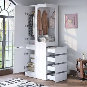 Kleiderschrank - 70 x 40 x 170 cm - mit 4 Schubladen + 2 Türen + offenem Kleiderfach - Holz - weiß Versand Am Gleichen Tag