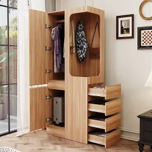 Kleiderschrank - 70 x 40 x 170 cm - mit 4 Schubladen + 2 Türen + offenem Kleiderfach - Holz - natur Must-Have