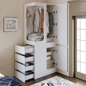 Kleiderschrank mit 4 Schubladen und Ablagefächern - offenes Kleiderfach - Holz - weiß Letzte Chance